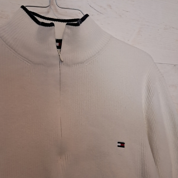 Tommy Hilfiger 1/2 Zip White/Ivory Cotton Knit Sweater Half Zip Mock Neck - Picture 3 of 7